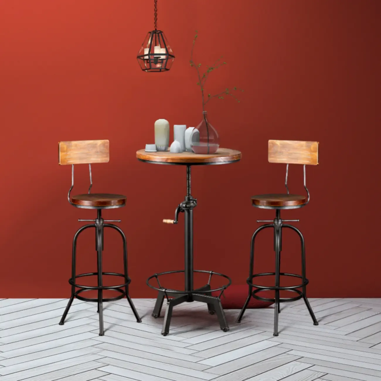 Adjustable Height Industrial Wood Iron Pedestal Bar Table