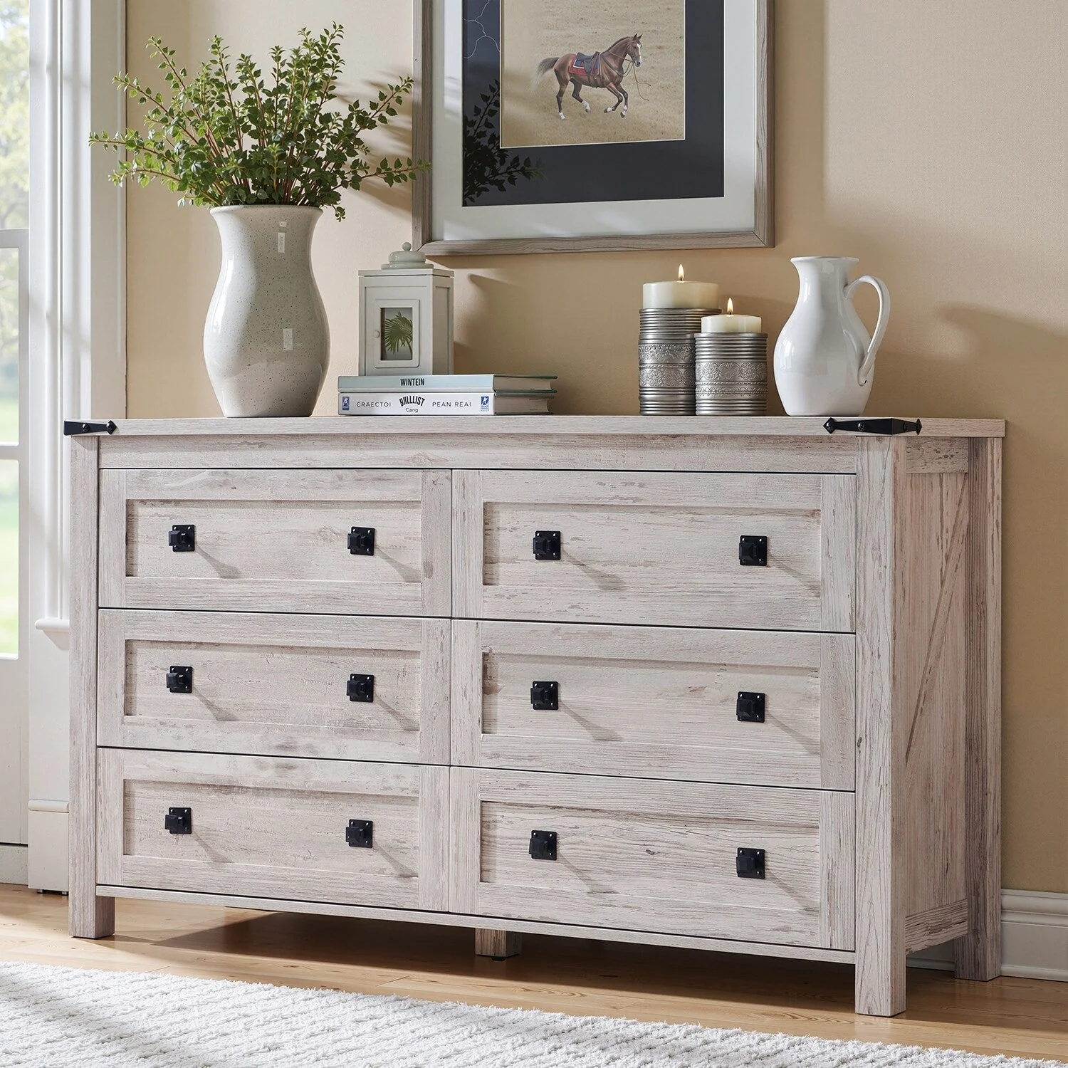 Farmhouse 6 Drawer Dresser, Wood TV Stand, Chest of Drawers