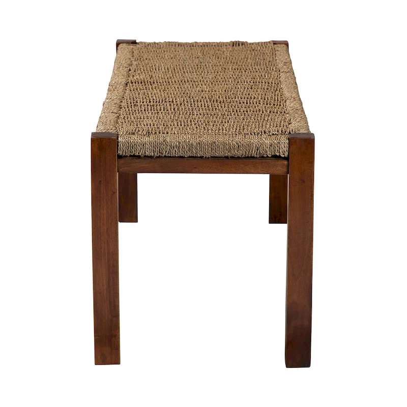 Hermes Mid-Century Modern Transitional Natural Seagrass and Mahogany Wood Bench