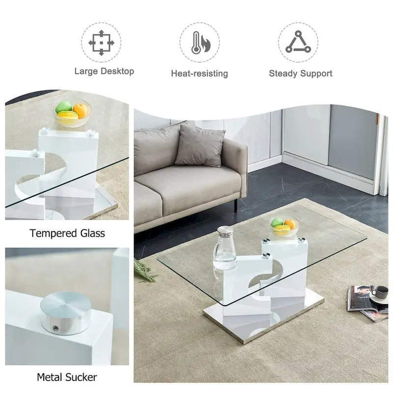 A rectangular modern and fashionable coffee table with tempered glass tabletop and white MDF legs
