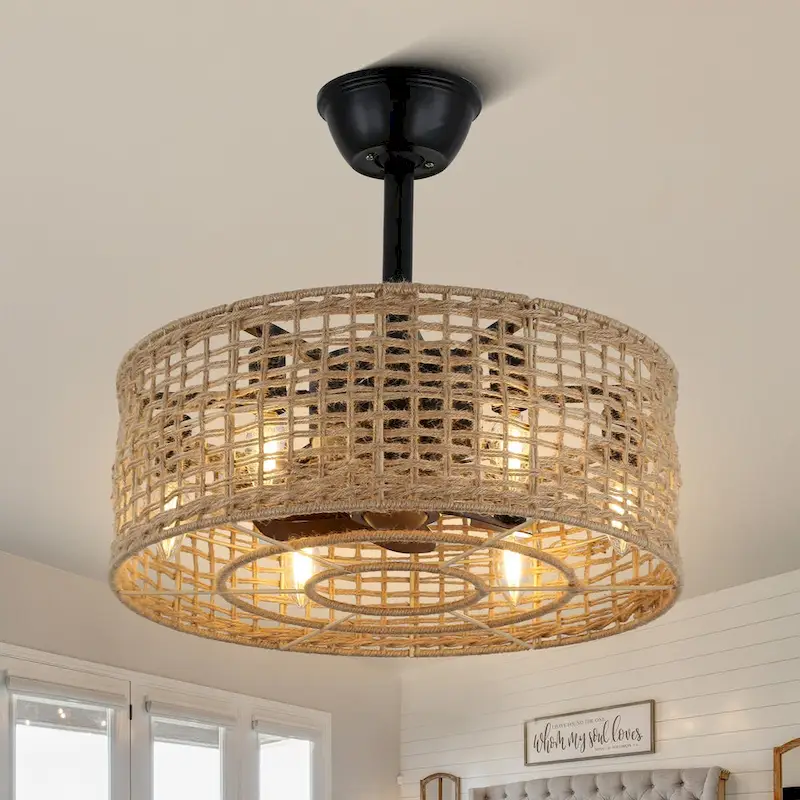 Bella Depot 18  Rustic Ceiling Fan, Rope Woven Caged Ceiling Fan with Light and Remote for Dining Room Bedroom - 18 Inches