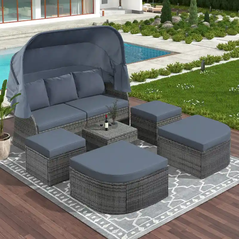 Modular Daybed Sunbed Patio Canopy Bed Wicker Conversation Set