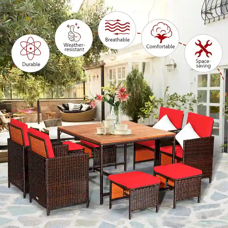 Costway 9PCS Patio Rattan Dining Set Cushioned Chairs Ottoman Wood - See Details