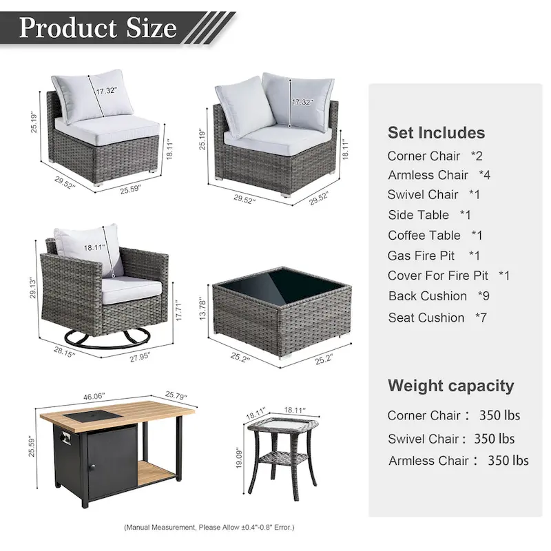 HOOOWOOO 10-piece Grey Rattan Patio Furniture Set with Fire Pit