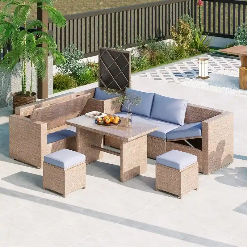 6-Piece All Weather PE Rattan Sofa Set with Adjustable Seat, Storage Box, Removable Covers