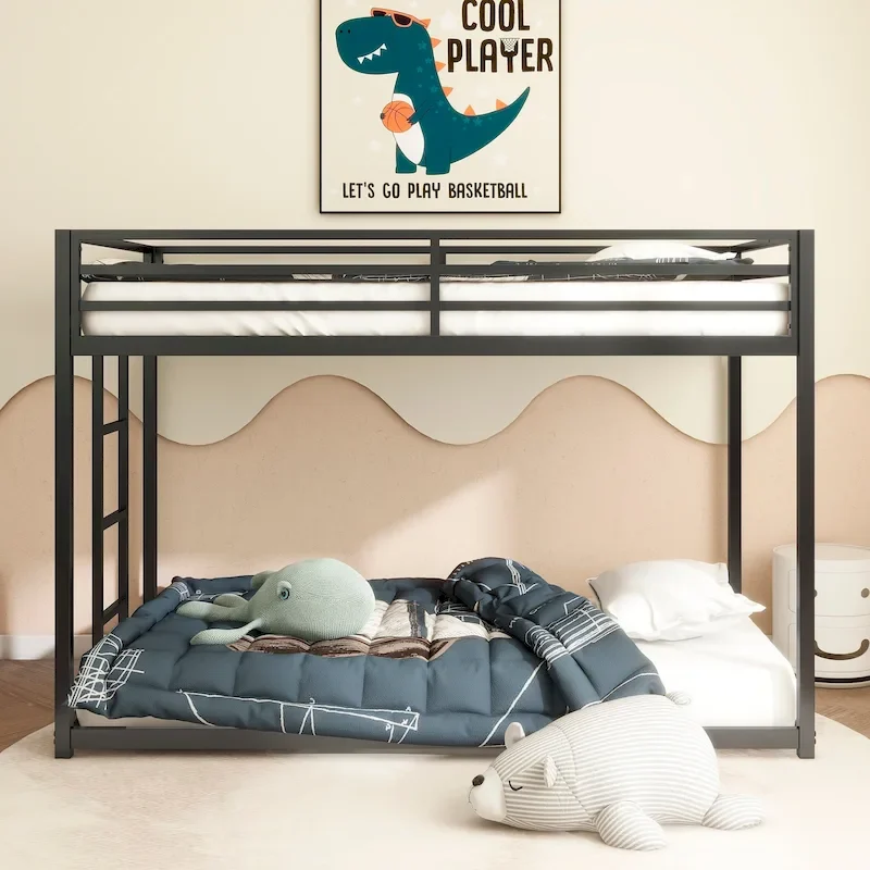 Sturdy Twin over Twin Bunk Bed Metal Black for and Adult, Low Profile Twin over twin bunk bed with Ladder and Guardrails