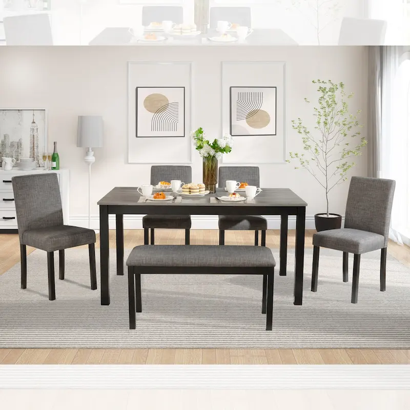 6 Piece Dining Table Set, Wooden Dining Table Set with Rectangular Dining Table, Bench and 4 Upholstered Chairs