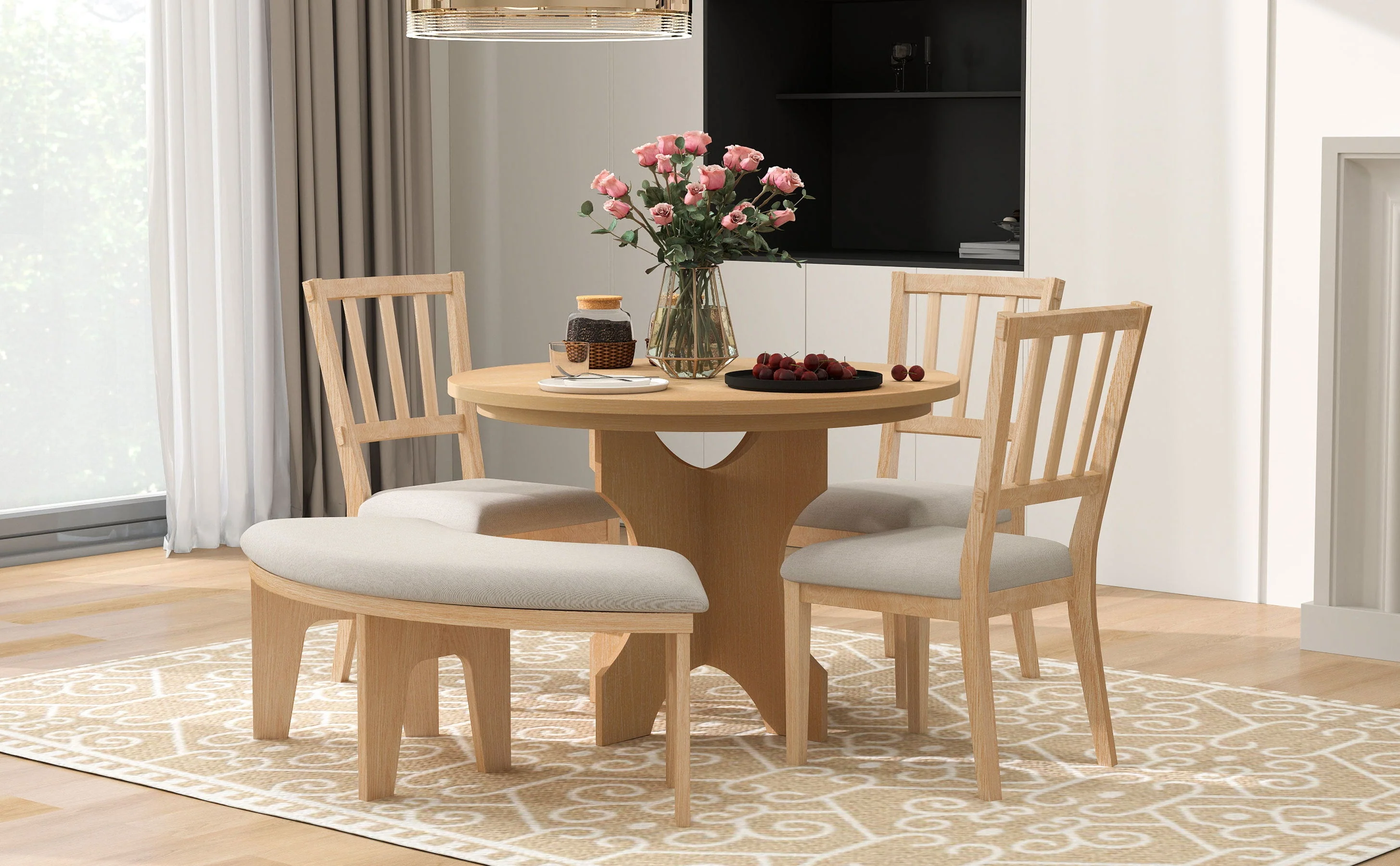 Walker Edison | Charming 5-Piece Rustic Round Dining Set with Chairs and Curved Bench