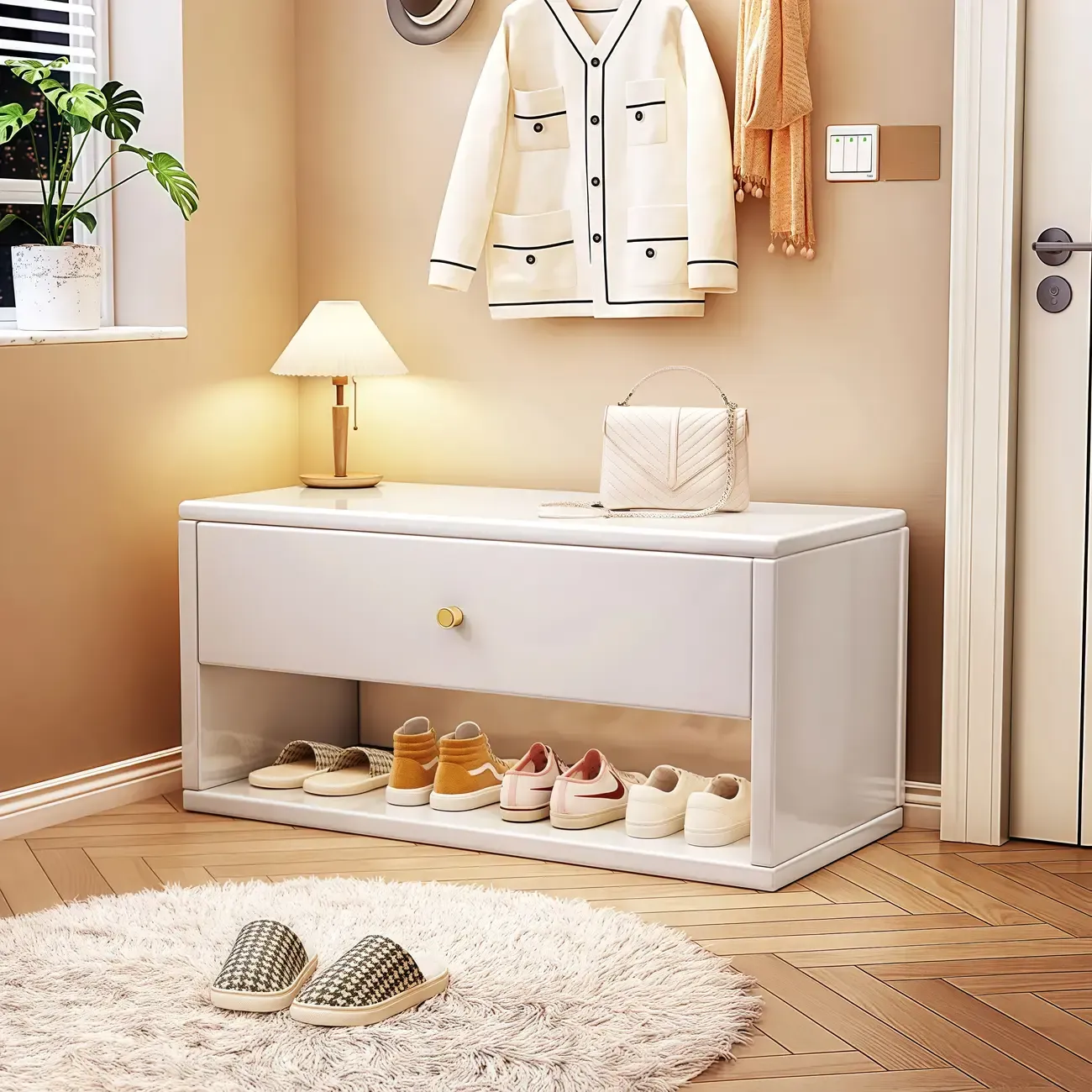 Compact Walnut Wood Storage Entryway Bench with Drawer