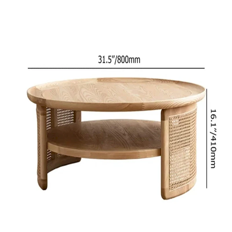JASIWAY 2-Tiered Round Wood Coffee Table with Rattan Base