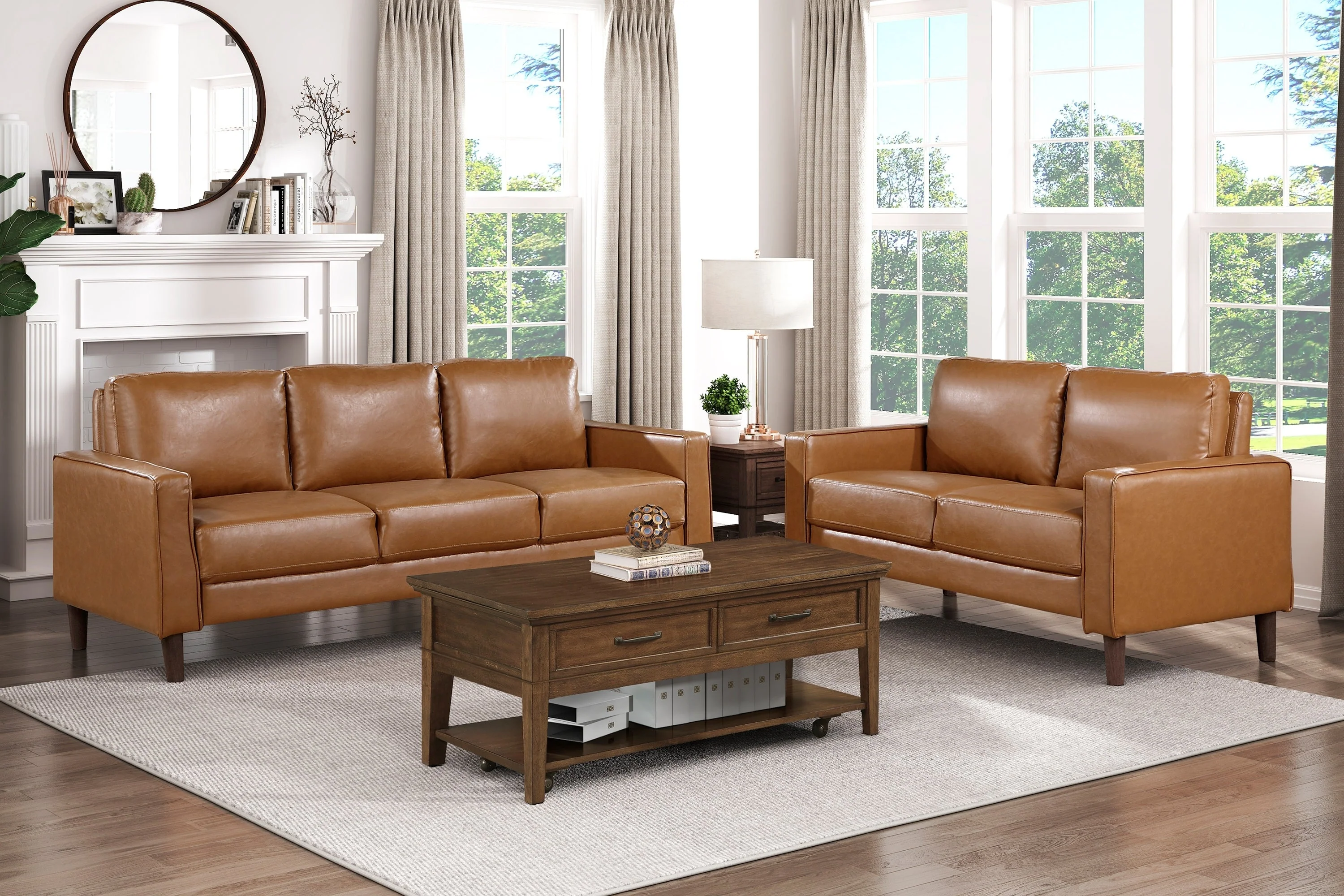 Modern Style Brown Faux Leather 3-Seater Sofa Couch