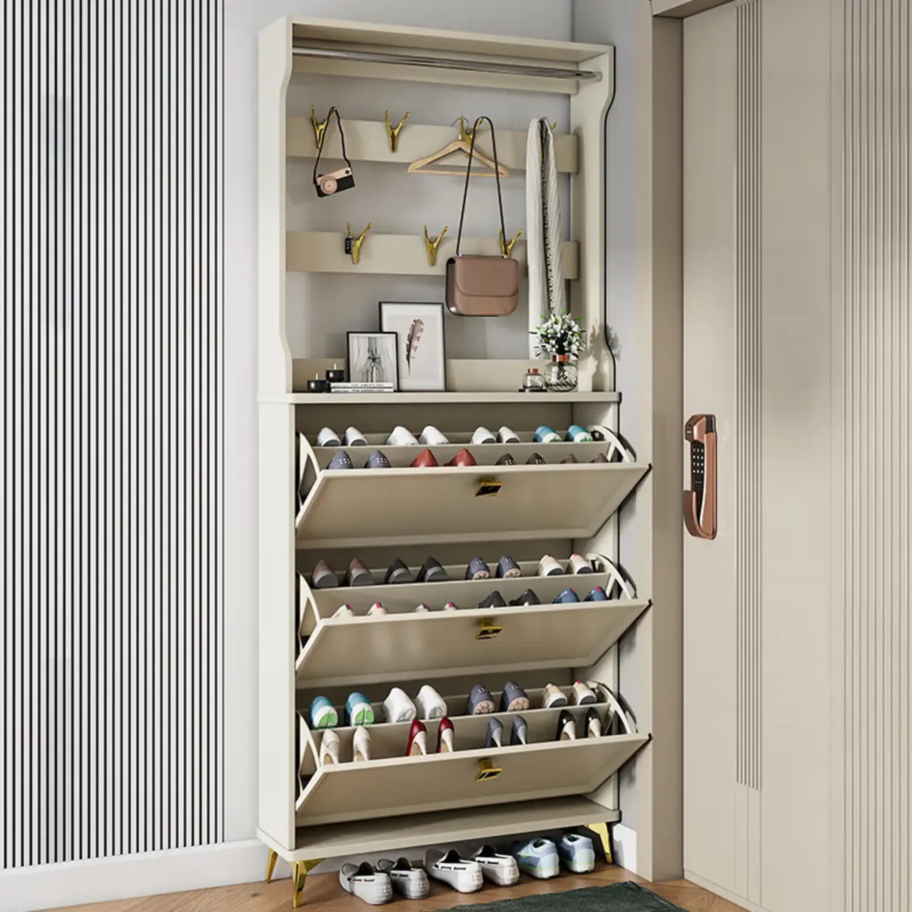 Drop-Front Adjustable Modern White Wood Narrow Shoe Cabinet