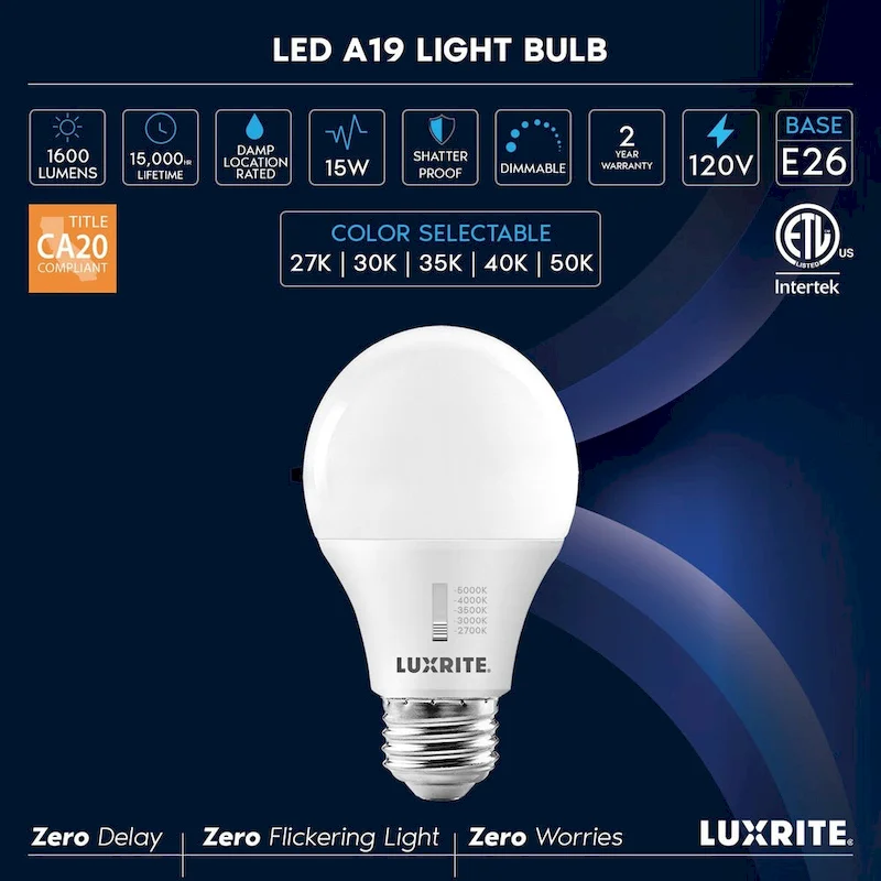Luxrite A19 LED Light Bulb 100 Watt Equivalent CRI90 5CCT Dimmable 1600LM 15W E26 ETL 6 Pack