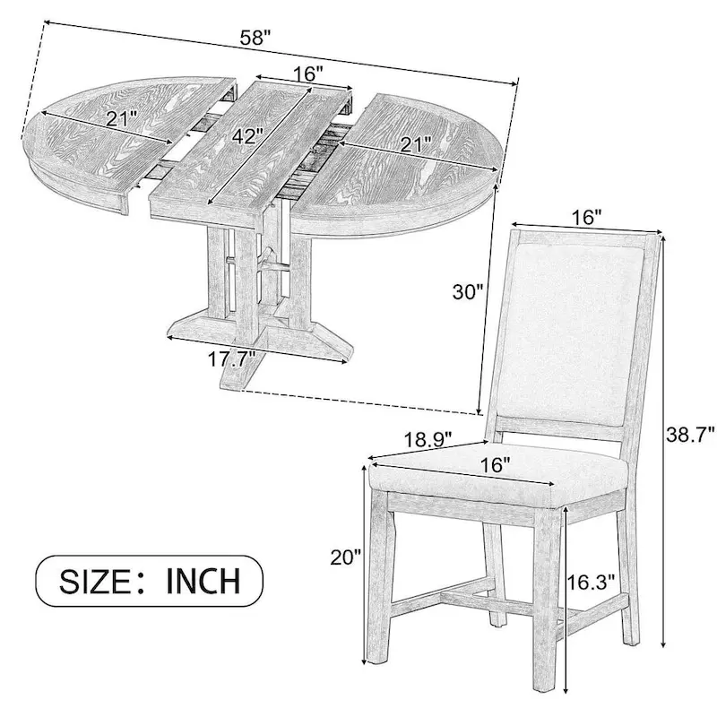 Wooden Round Drop Leaf Extendable Dining Table Set with 4 Upholstered Chairs