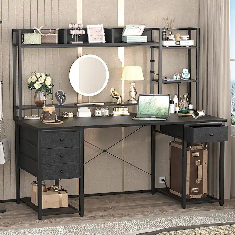 Gaming Desk with Hutch and Drawers, Office Computer Desk with Charge Station and LED Light