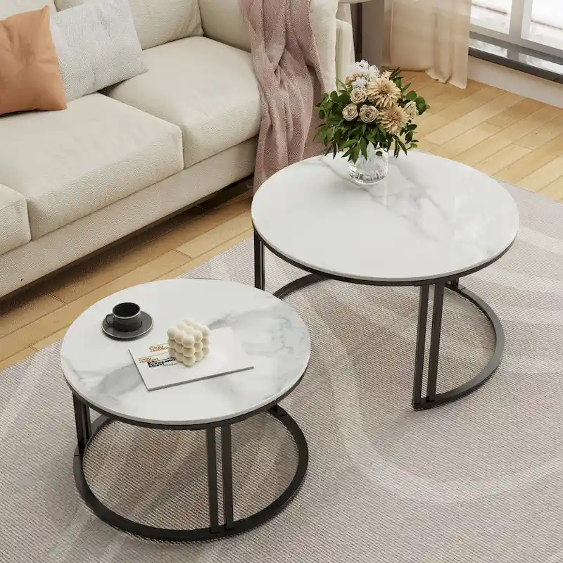 2X Round Nested Coffee Table SinteredStone Top Metal Tables - 27x16