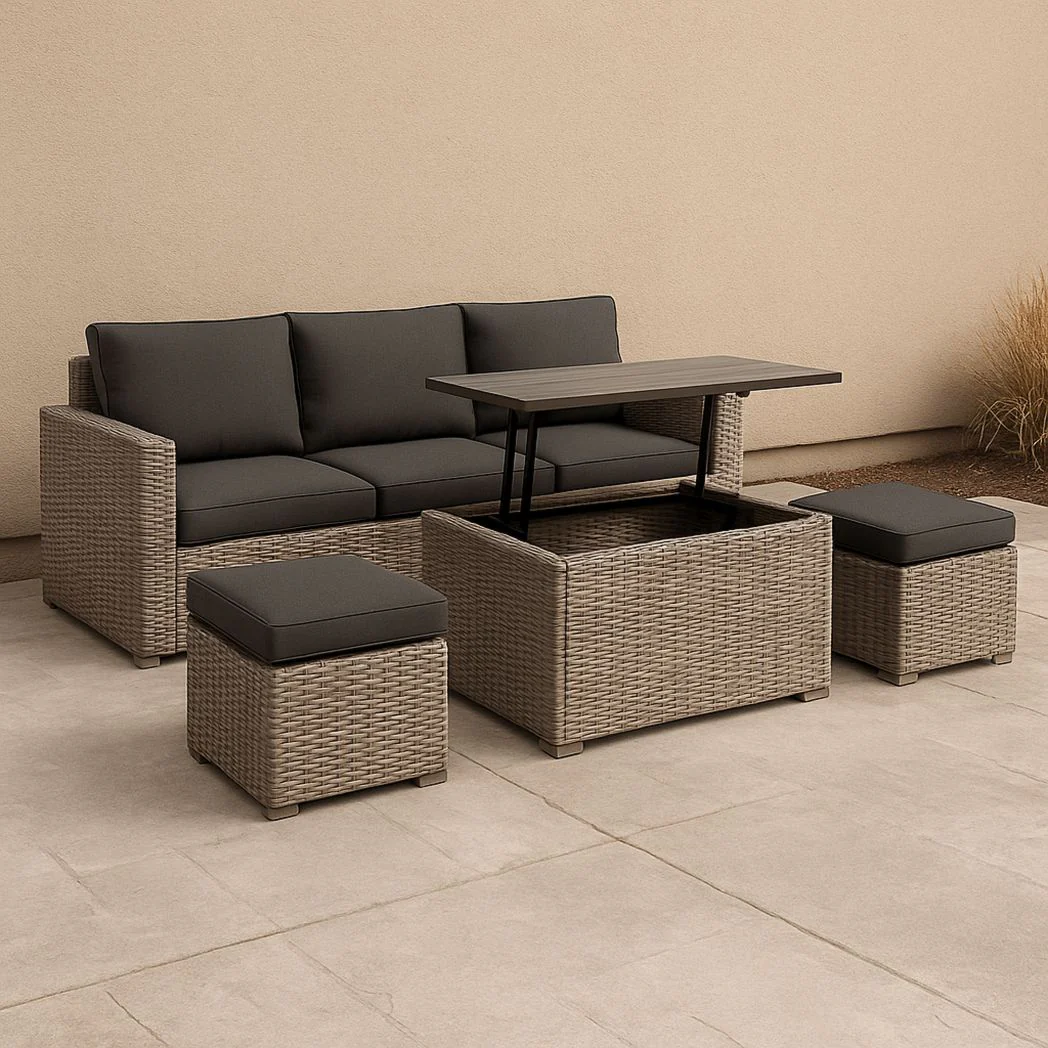 Ensemble de mobilier de jardin 5 pièces en résine tressée avec coussins en polyester et table basse relevable Gris/Beige