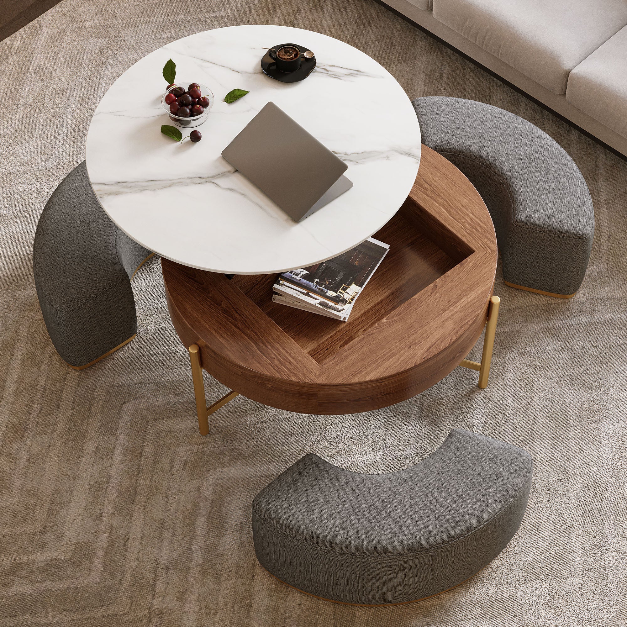 Walker Edison | Modern Lift-Top Round Coffee Table with Storage and Nesting Ottomans