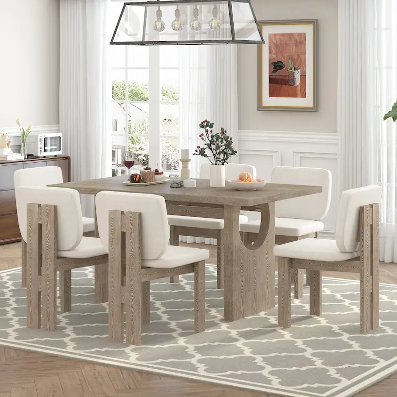 7 Piece Dining Table Set, Solid Wood Kitchen Table Set with Rectangular Table, Designed Trestle Base and 6 Upholstered Chairs