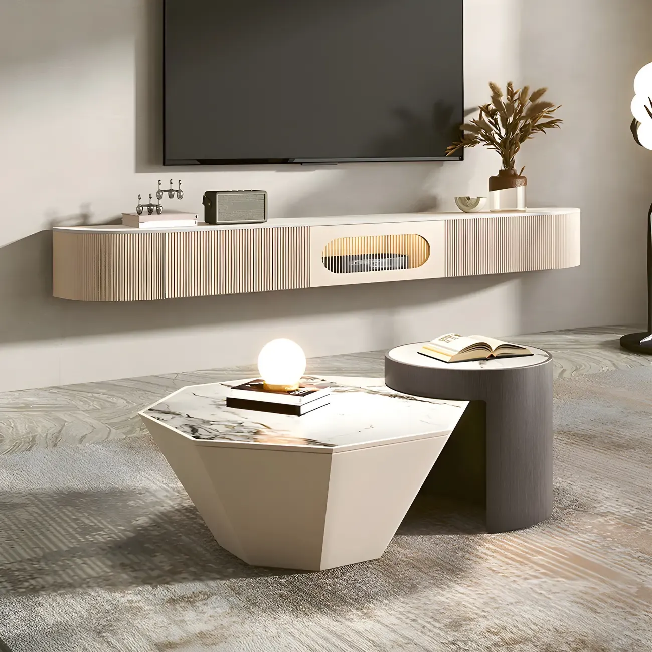 Modern Stone Floating TV Stand with 2-Drawers for Living Room