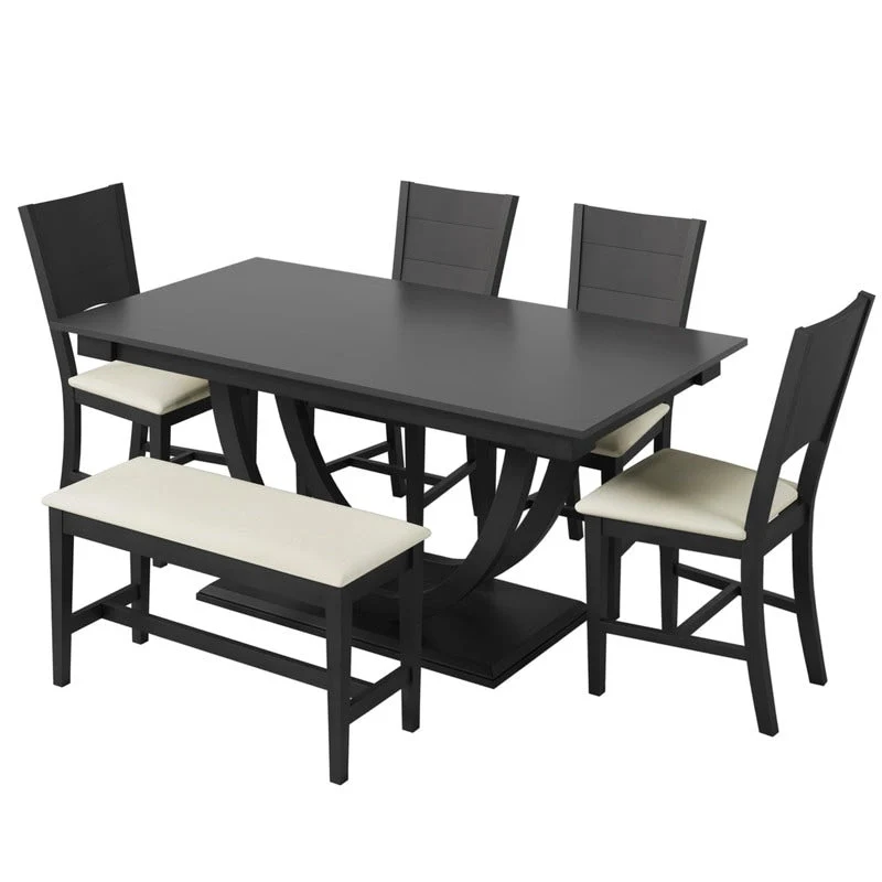 6-Piece Wood Half Round Dining Table Set Kitchen Table Set with Long Bench and 4 Dining Chairs, Modern Style
