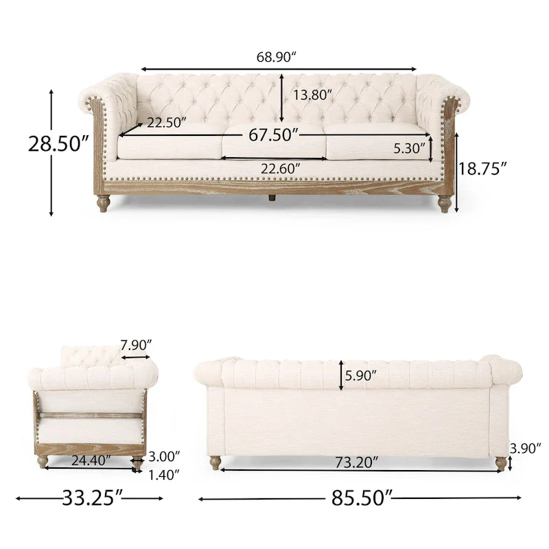 Saragus Chesterfield Sofa with Nailhead Trim by Christopher Knight Home - 85.50 L x 33.25 W x 28.50 H