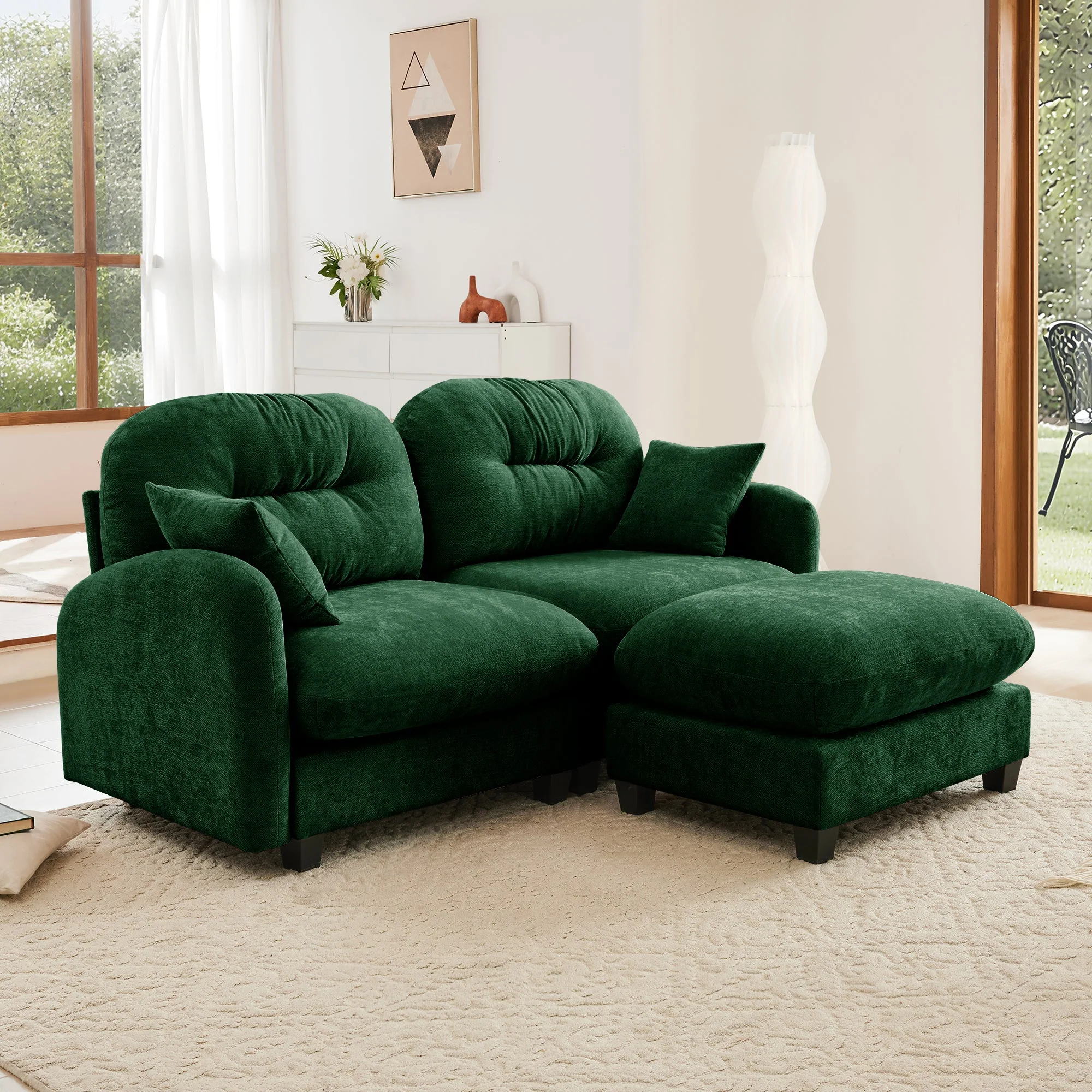 Cloud Tufted  Chenille Sectional Loveseat Sofa Couch With Ottoman