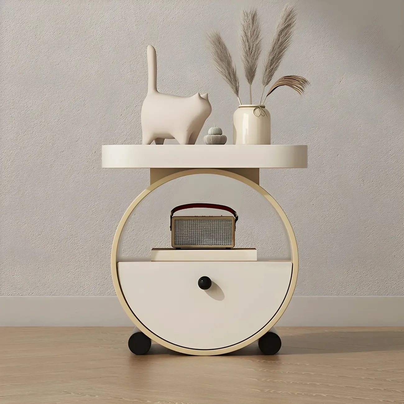 Khaki Beige Round Wooden Nightstand with Shelf & Drawer