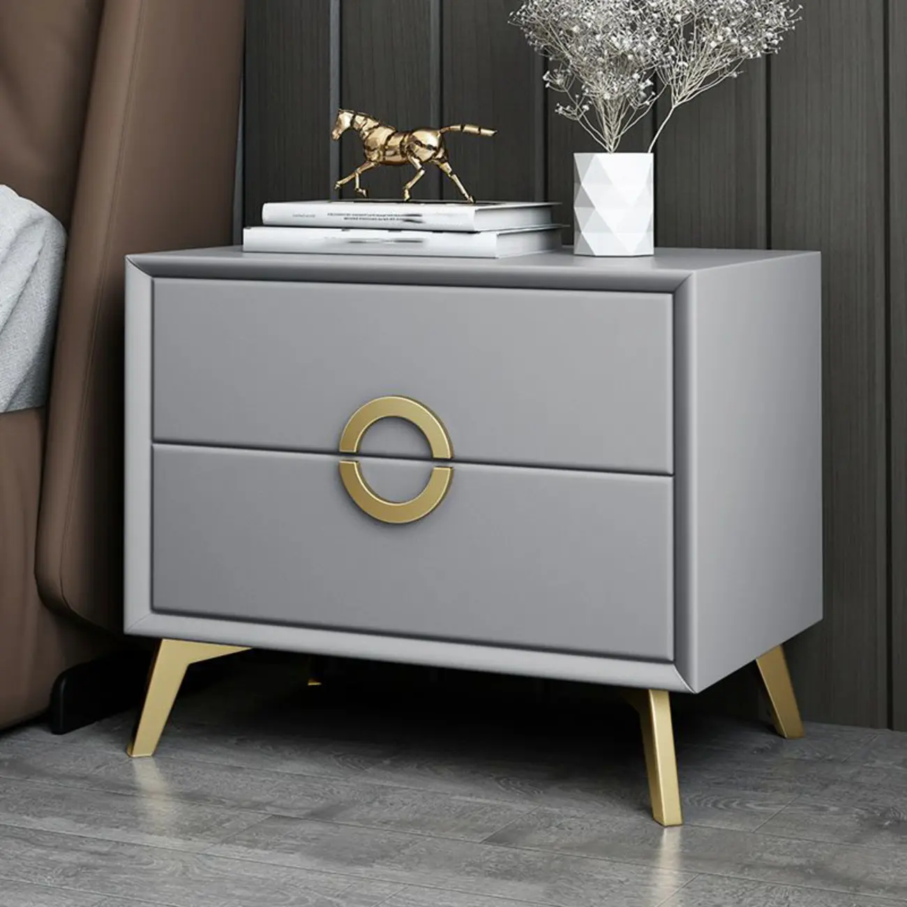 Chic Khaki Leather Gold Accents 2-Drawer Nightstand