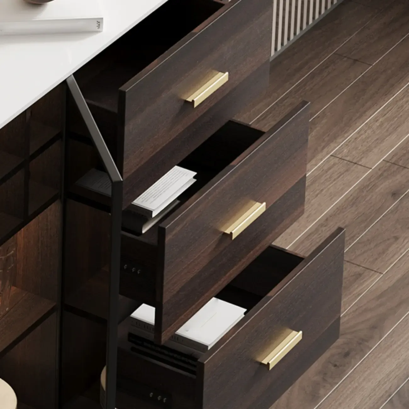 Glam Walnut Wooden Sideboard with Drawers & Cabinets