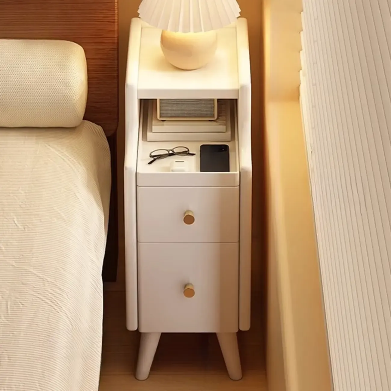 White Wood Narrow Nightstands with Drawers