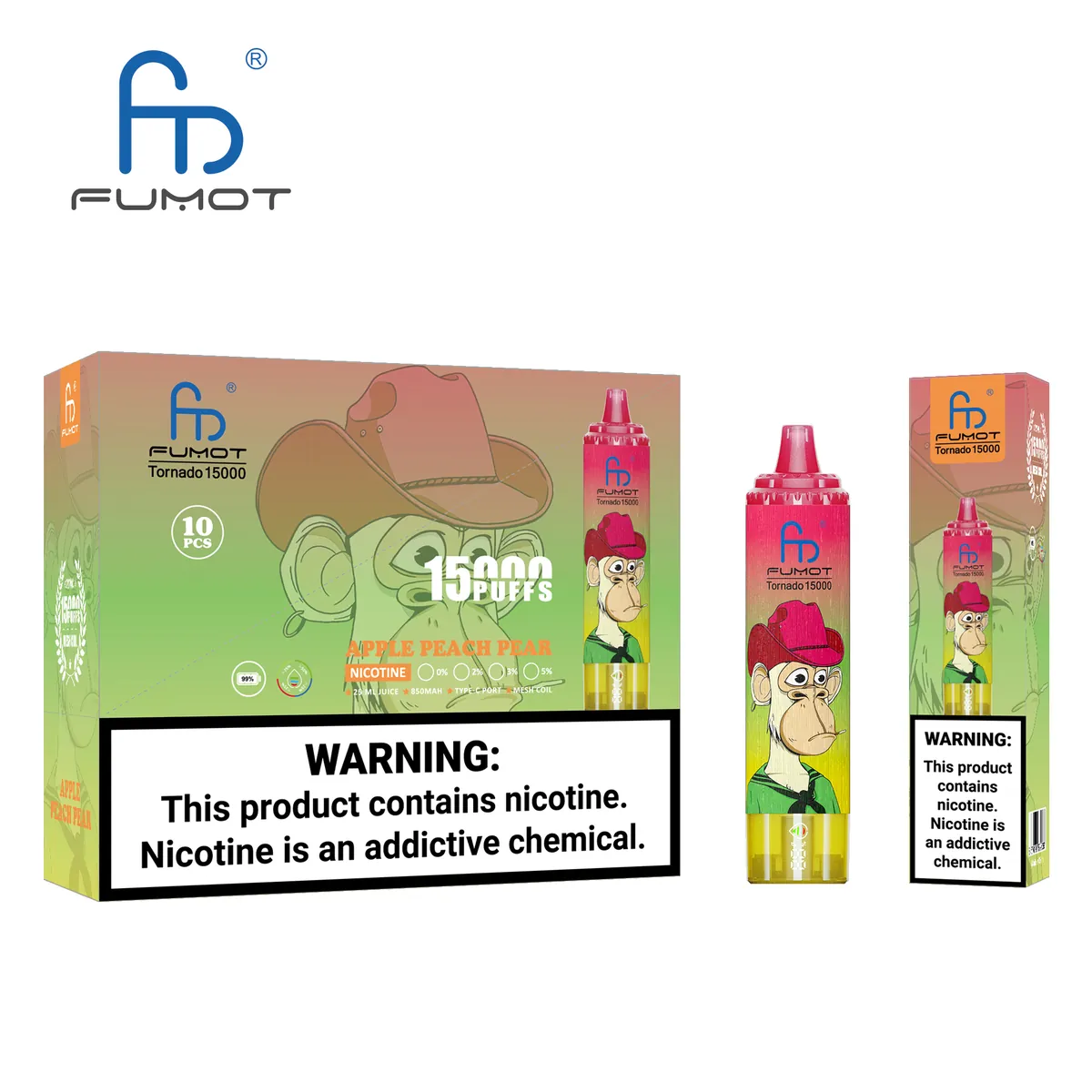 Fumot Tornado 15000 Apple Peach Pear – 10er-Displaybox mit Einweg-Vape und Einzelpackung