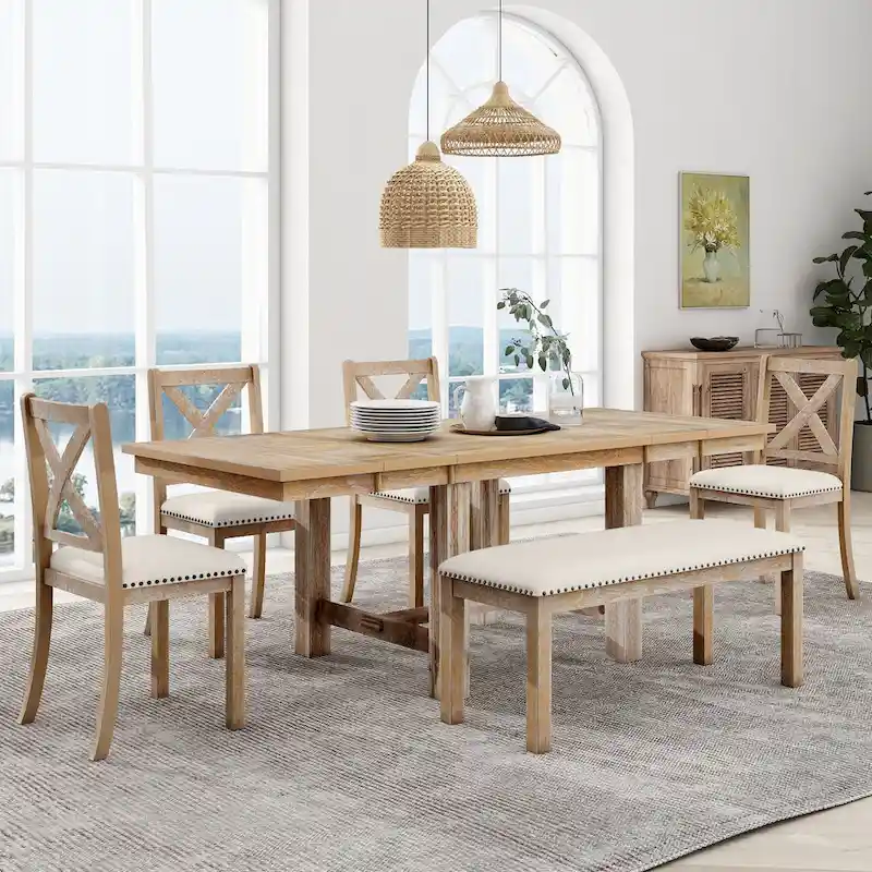 Farmhouse 6-Piece Wooden Dining Table Set with Extendable Table & 4 Chairs