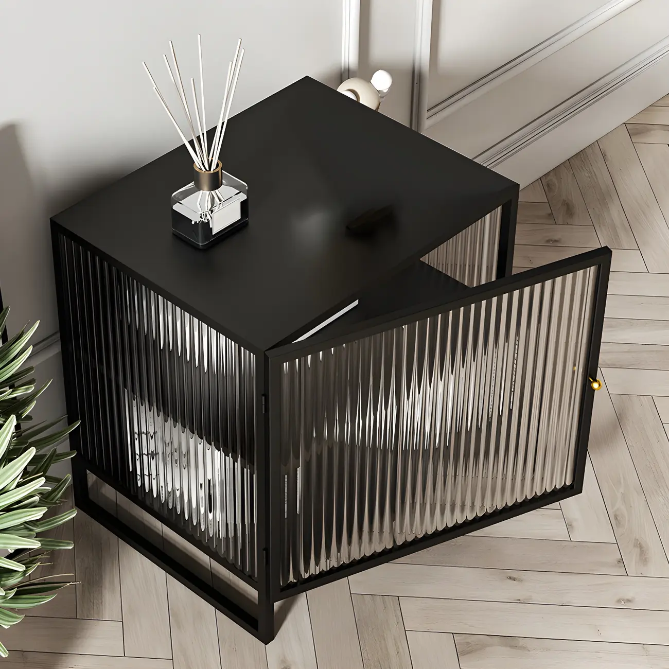 Black 2-Tier Ribbed Glass Metal Bedroom Nightstand