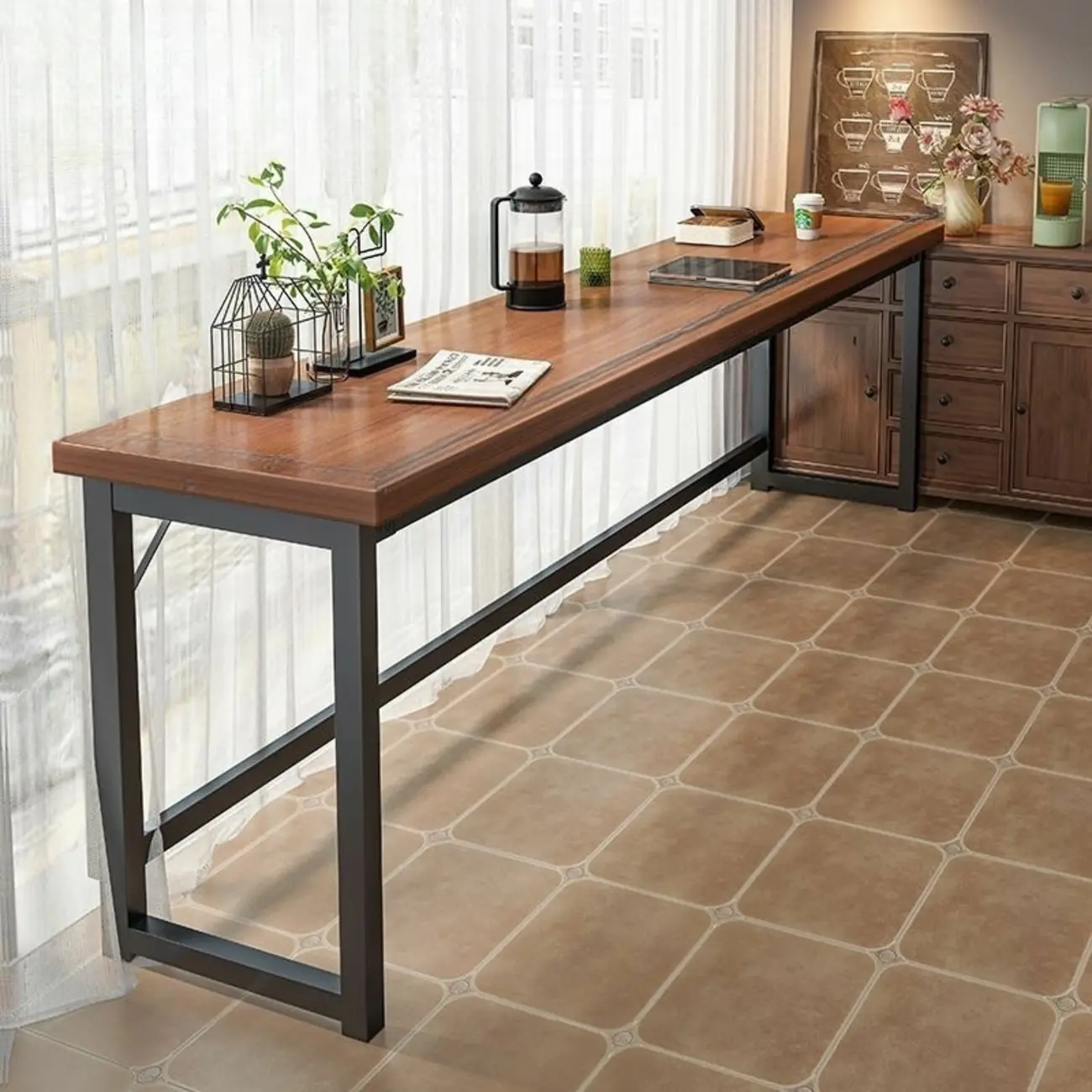 Modern Brown Wooden Metal Frame Fixed Top Bar Tables