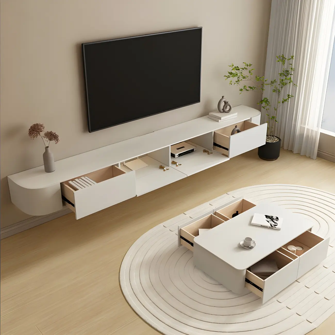 Modern Wooden Wall-Mounted TV Stand in White