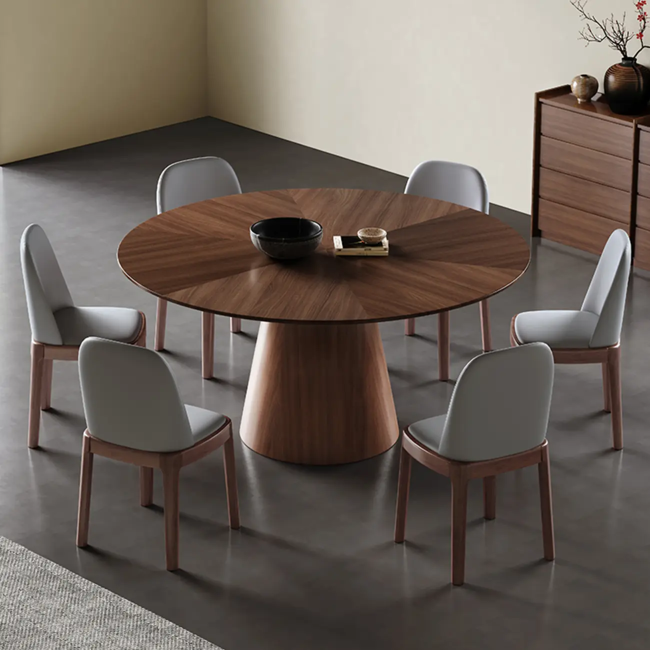 Modern Simple Round Walnut-Brown Wood Dining Table