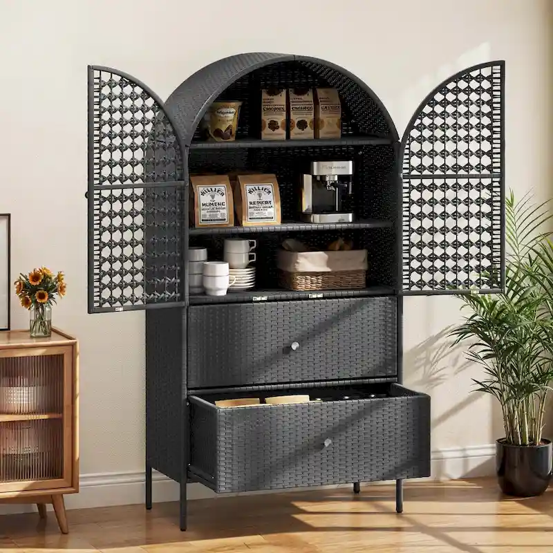 Moasis 65 Tall Arched Wicker Kitchen Pantry Cabinet,Farmhouse Cupboard with 3 Shelves & 2 Drawers