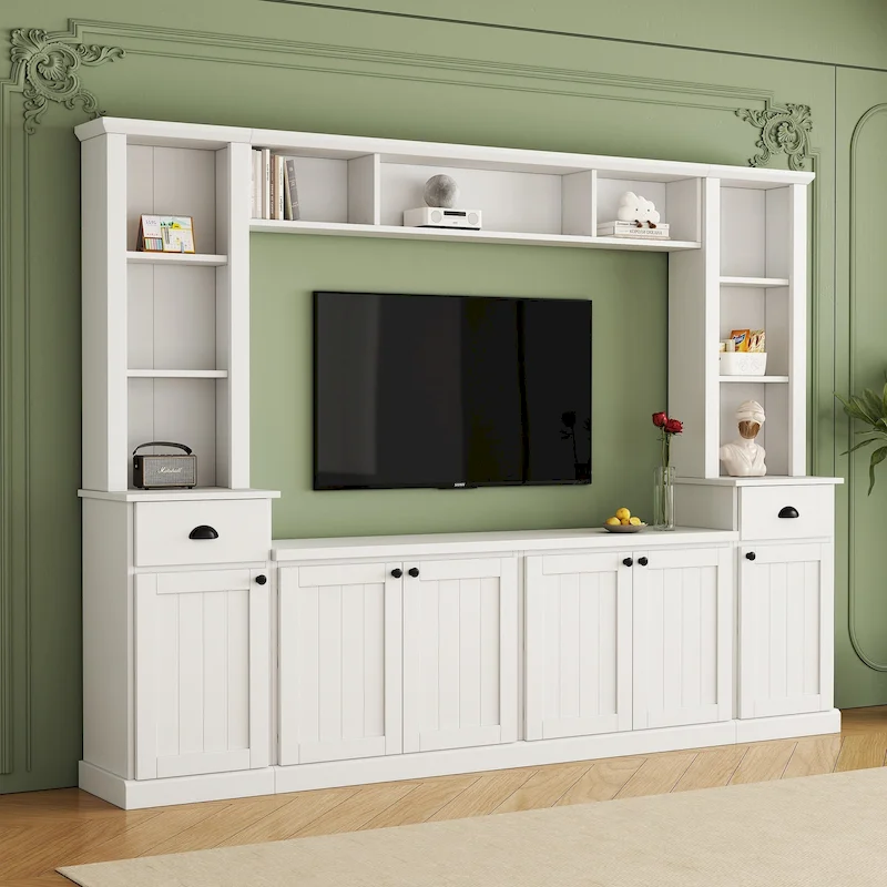 Entertainment Unit with Bridge, TV Stand with Adjustable Shelves for TVs Up to 75, Two Media Consoles