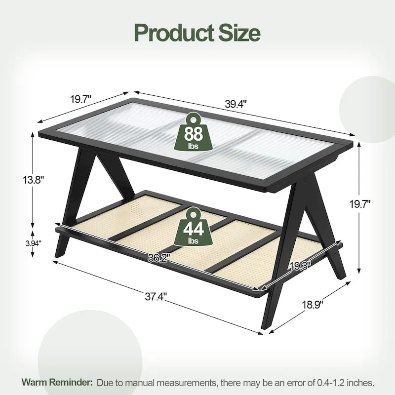 2-Tier Rectangular Coffee Table, Glass Top Sofa Table - 39.4L x 19.7W x 19.7D