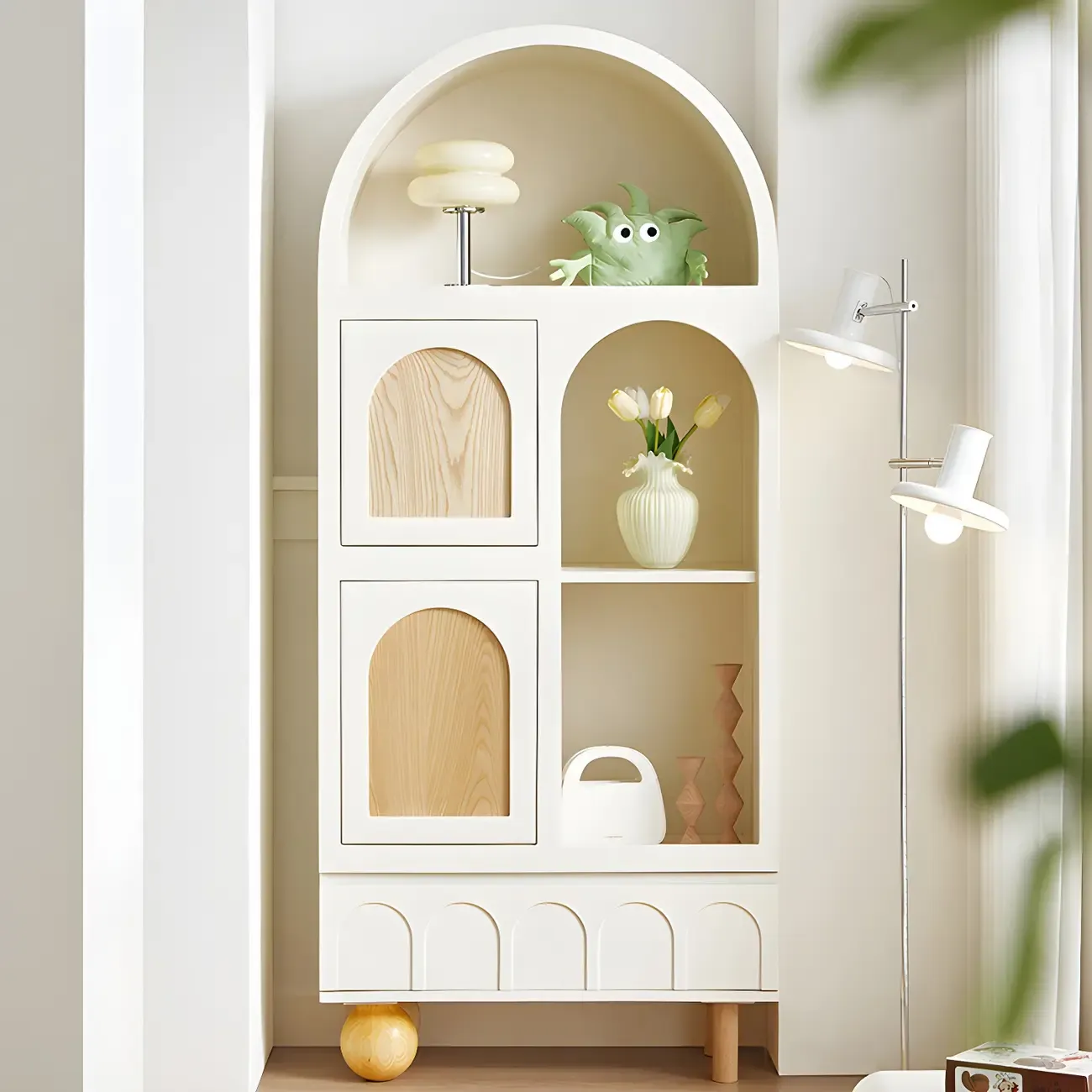 Modern Arched White Wood Open Storage Display Cabinet