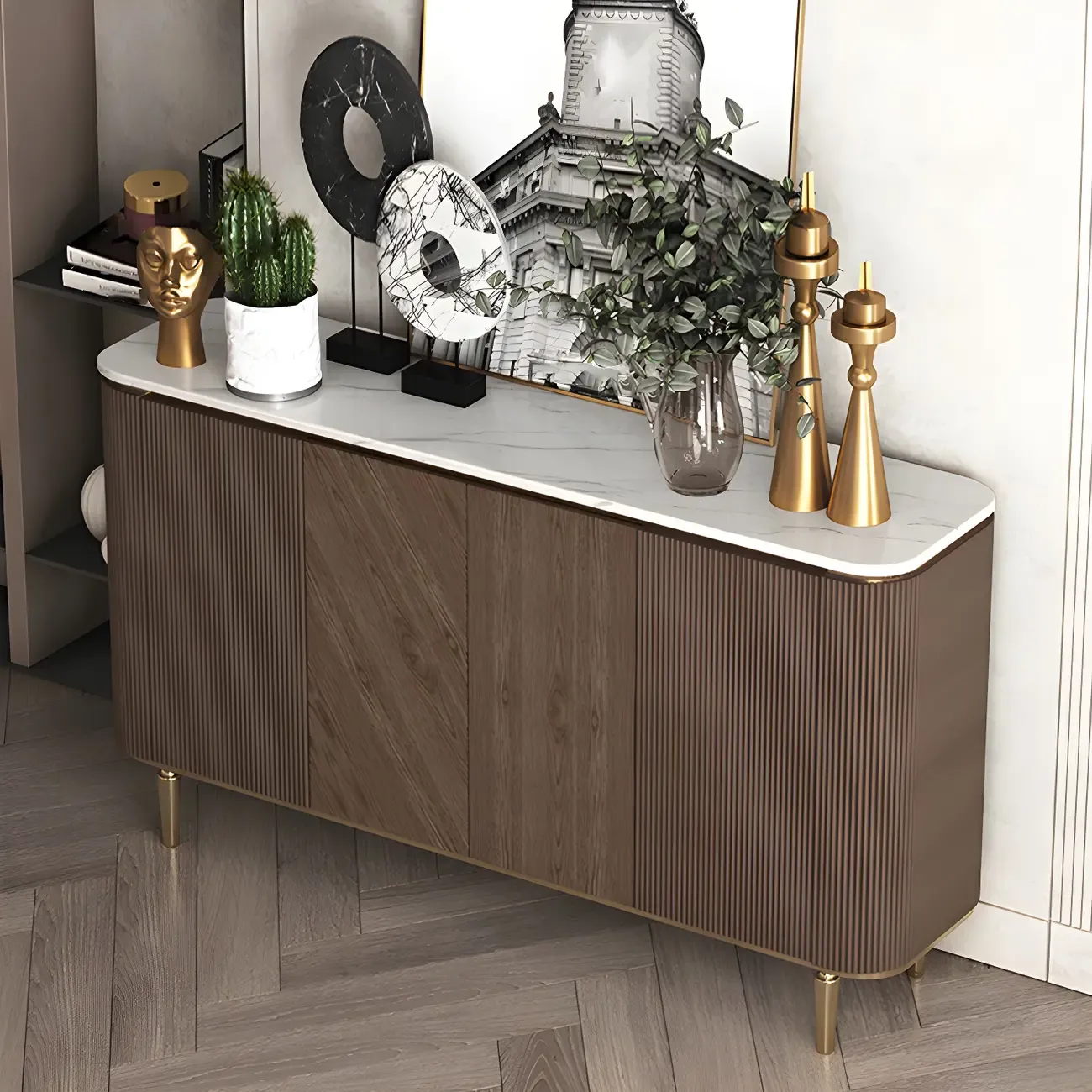 Glam Brown Wooden Sideboard with Marble Top