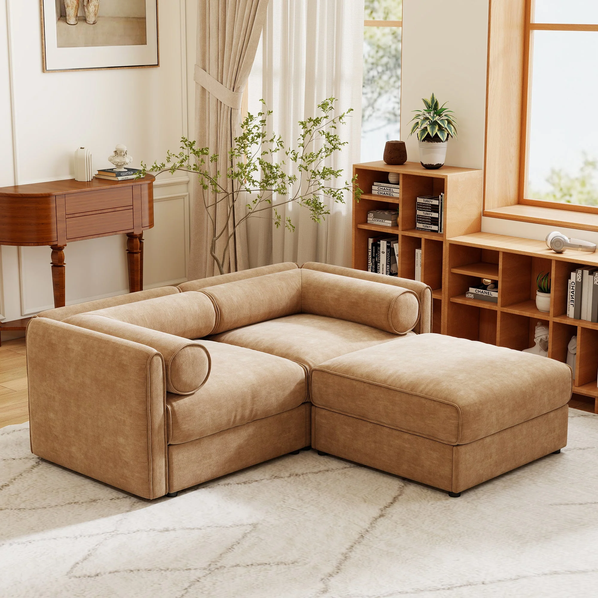 Walker Edison | Modern Stylish Camel Chenille Loveseat Sofa with Ottoman