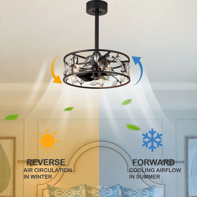 Cusp Barn 18in. Modern Crystal Caged Ceiling Fan With Light, Industrial Metal Shade Reversible 6-Speed Ceiling Fan With Remote