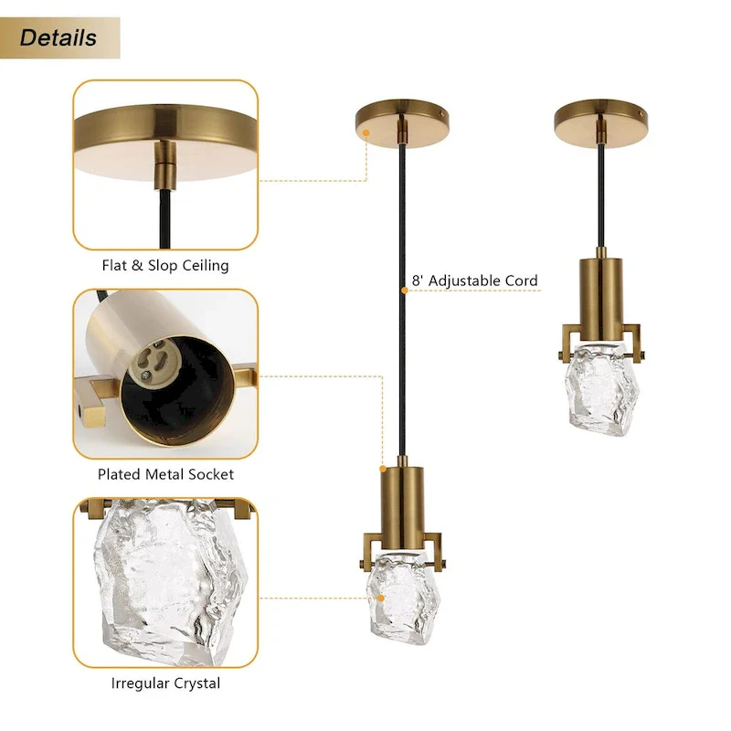 WINGBO 1-Light Modern Crystal Pendant Light Fixture Height Adjustable Hanging Light