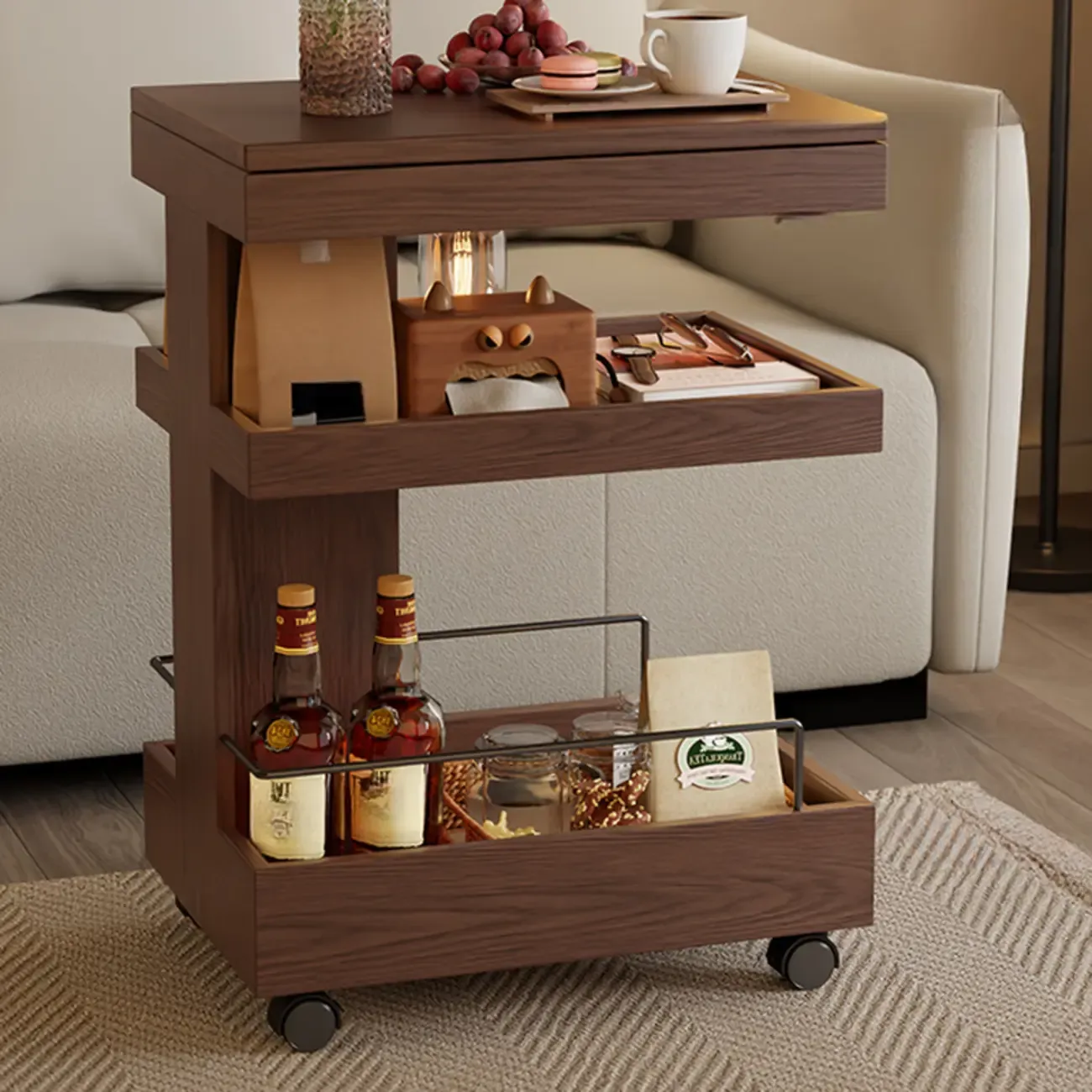 Brown Wood Rectangular 3-Tier Rolling Side Table