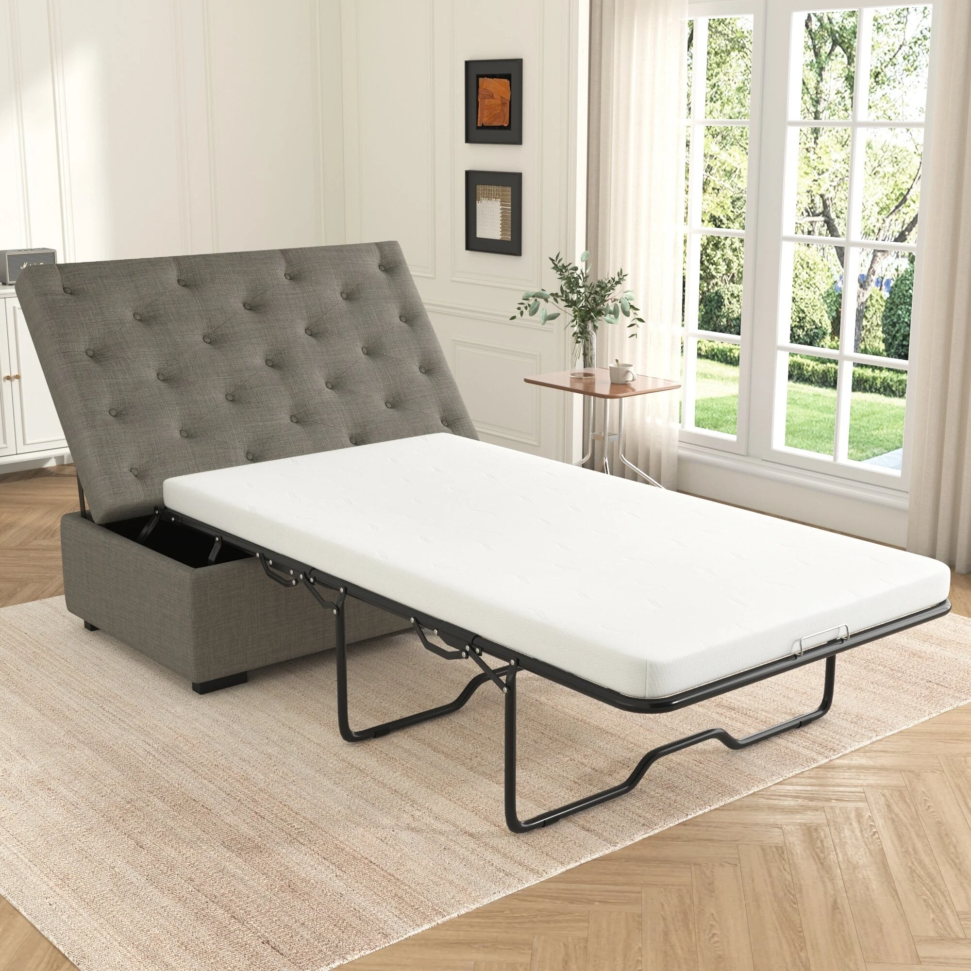 Folding Sofa Bed, 49.6 Ottoman with a Folding Sofa Bed, Convertible Ottoman Sleeper with Memory Mattress and Tufted Design