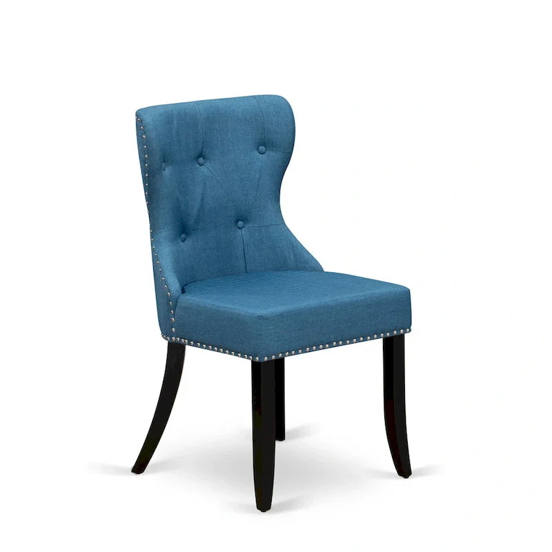 East West Furniture Kitchen Table Set- a Round Dining Table and Blue Linen Fabric Parson Chairs, Black(Pieces Options)