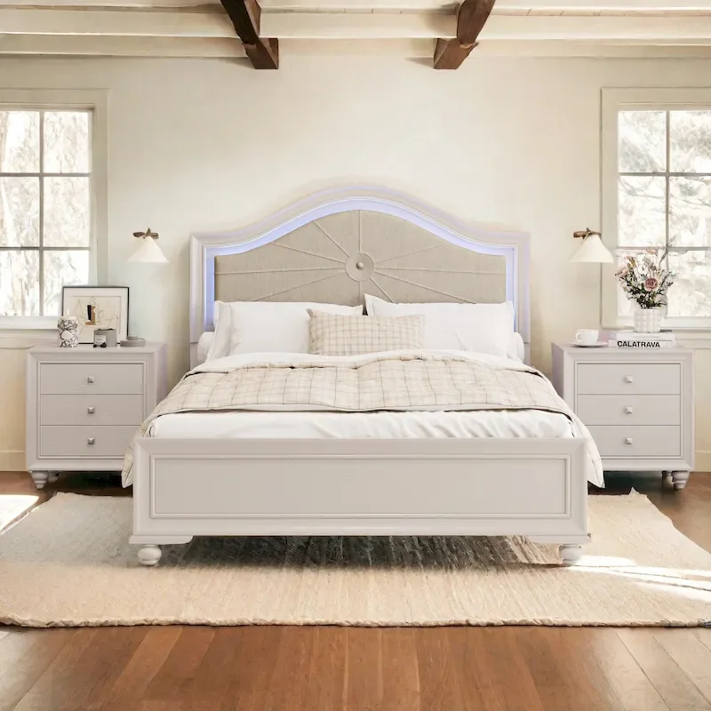 Modern Queen Size Wood Bed with Hidden LED Light Upholstered Curved Headboard, No Box Spring Needed, Cream Grey
