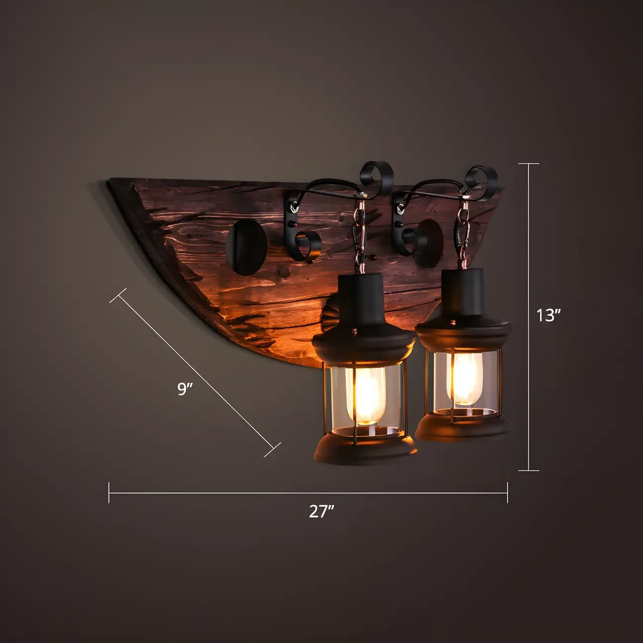 Industrial Distressed Wood Glass Black Wall Lantern Light
